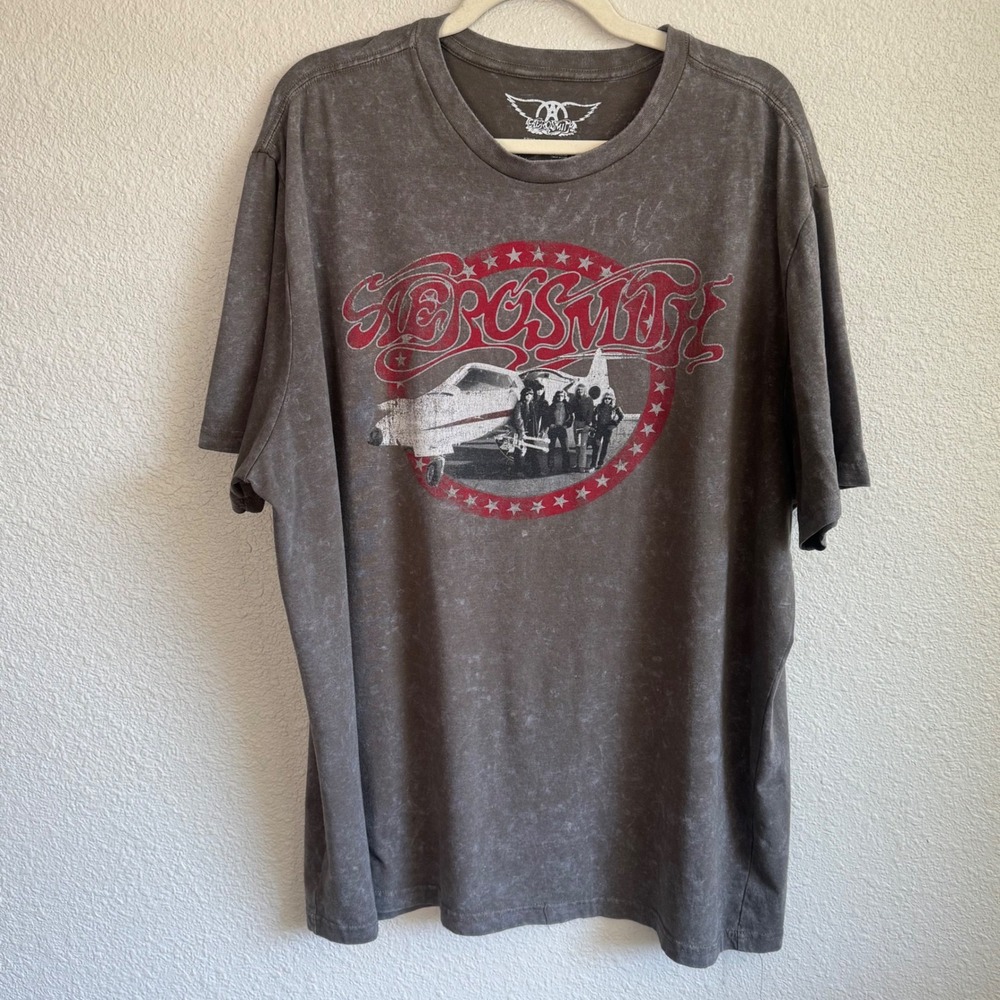 Aerosmith Graphic Band Tee XXL Charcoal‎ Grey Acid Wash Rock Crewneck 2024